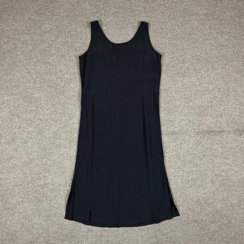 Vintage 90s Black Sleeveless Midi Shift Dress Women’s 14 Crinkle Gauzy Fairycore - Picture 2 of 10